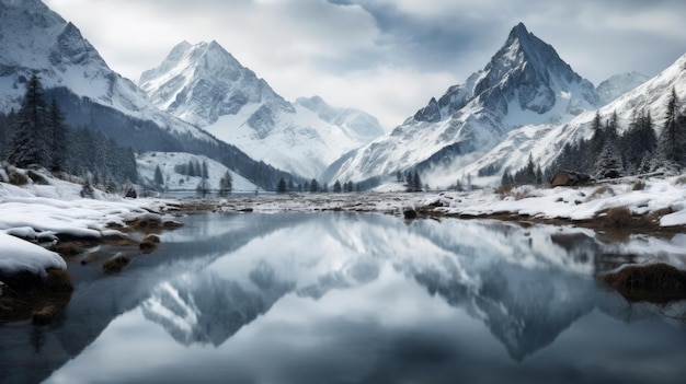 写真 雪で覆われた山の間にある凍ったアルプス湖を示す静かな画像