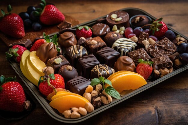 Фото Поднос с различными фруктами, орехами и конфетами, смоченными в растопленном шоколаде, созданный с помощью генеративного искусственного интеллекта.