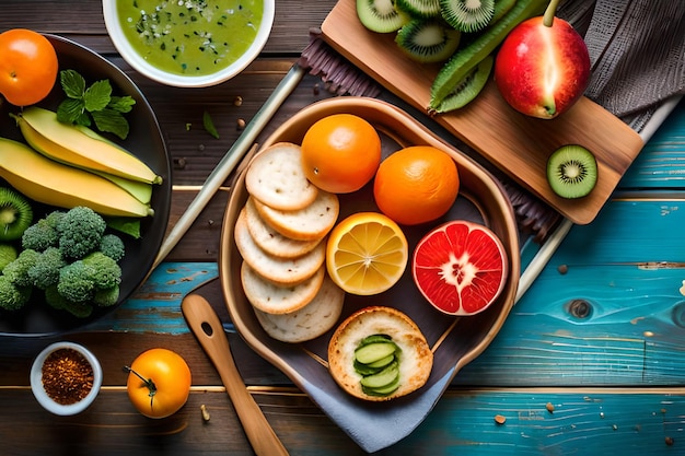 Фото Поднос с едой с фруктами и овощами на деревянном столе.