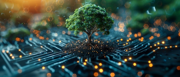 写真 サーキットボードの上で成長する木 - 青い光とワイヤフレームネットワークの背景 - グリーンコンピューティング - グリーンテクノロジー - グリーンit - csraとit倫理の概念