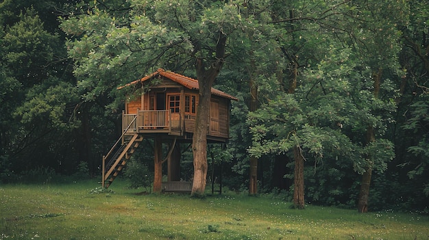 사진 푸른 숲 속에 자리잡은 나무집 나무집은 나무로 만들어져 있습니다.