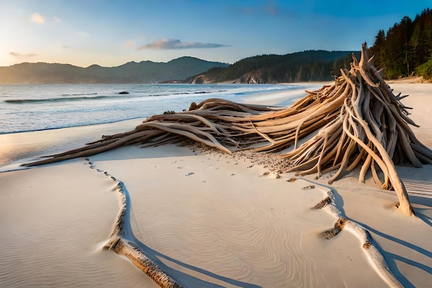 Фото На пляже лежит ствол дерева с океаном на заднем плане.