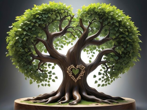 Фото Дерево с сердцем, вырезанным в его стволе и листьях
