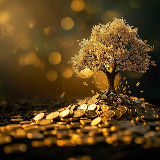 Фото Дерево с золотыми монетами на нем и дерево со словами 