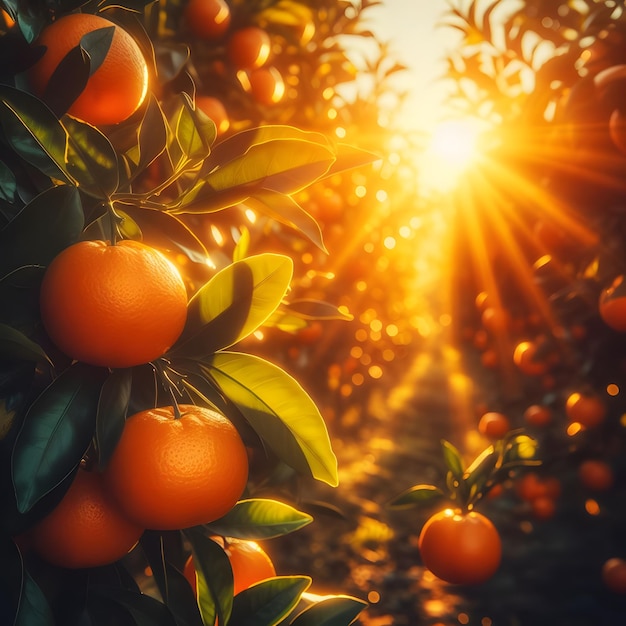 Фото Дерево с апельсинами и солнцем, сияющим через листья