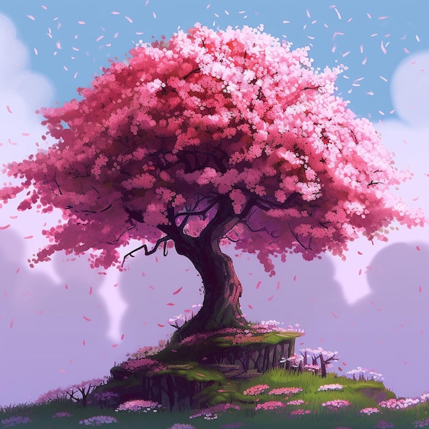 Фото Дерево с розовыми цветами на нем и розовым фоном.