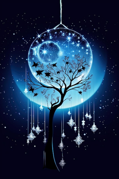 Фото Дерево с луной и звездами на заднем плане.