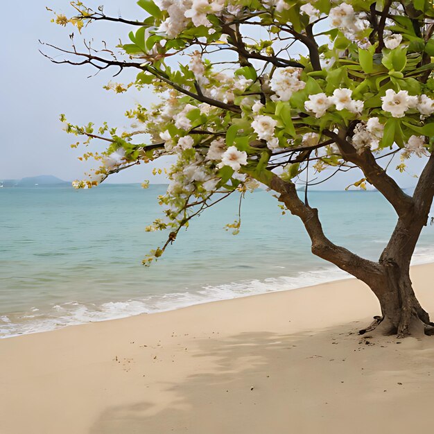 Фото Дерево с белыми цветами на нем в песке