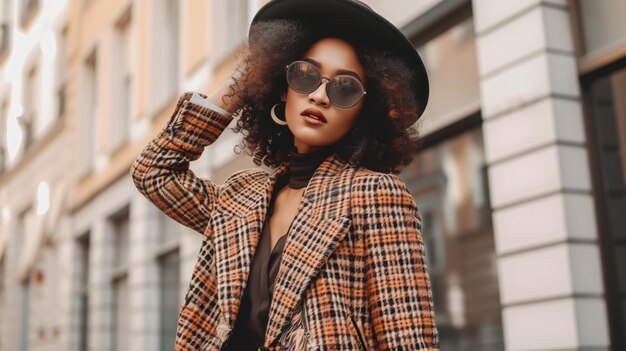 Фото Модная модная блогерка позирует в шикарном наряде, легко смешивая стиль и влияние социальных сетей. с ее готовой к камере улыбкой она захватывает своих подписчиков и устанавливает новые моды.