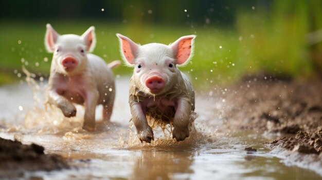 사진 세 마리 의 악랄 한 돼지 들 이 진 웅이 에서 놀이 를 하며 상쾌 한 여름 비 를 즐기고 있다