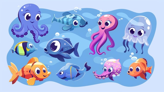 Фото Тропическая водная фауна в современном формате с милыми морскими животными, такими как рыбы, осьминоги, медузы, смешные морские лошади и рыбы-пуфы.