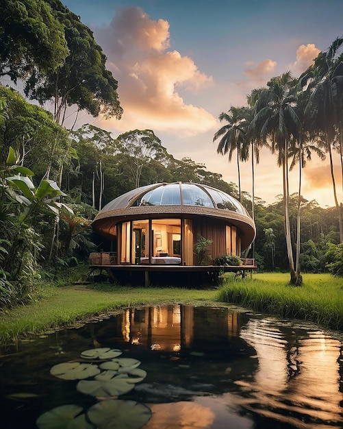 Фото Тропический лес с природной красотой, который демонстрирует современное здание капсулы с красивым