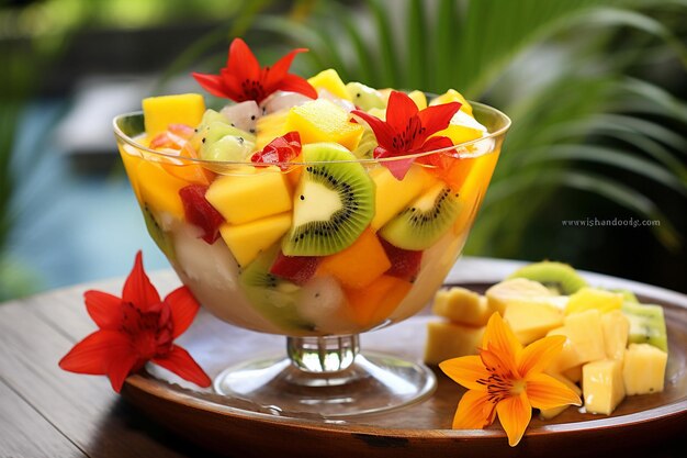 写真 花 の 形 に 配置 さ れ た マンゴー の スライス を 持つ 熱帯 果物 の 皿