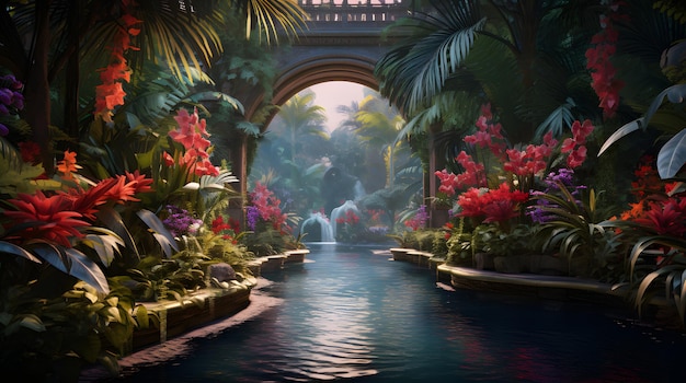 Фото Тропический рай с экзотическими цветами и пальмами