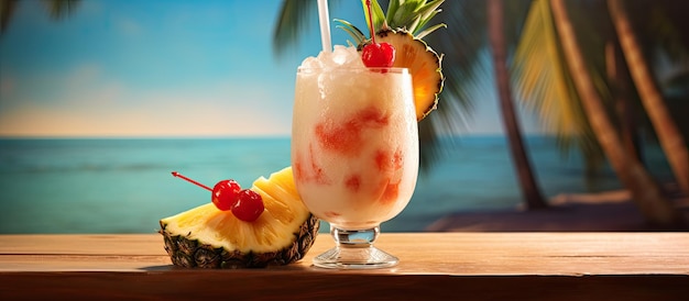 사진 알코올이 포함되거나 포함되지 않은 열대 피나 콜라다 음료가 티키 잔에 제공됩니다.