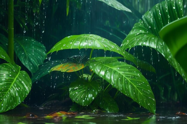 写真 激しい雨が降る熱帯雨林