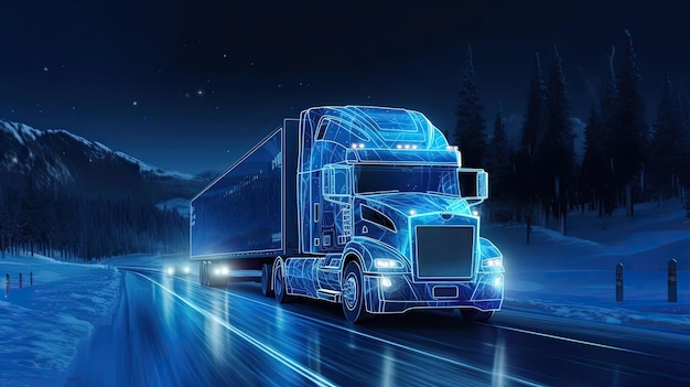 写真 未来的なデジタル アートのスタイルで冬の道路の高速道路を夜に運転するトラック