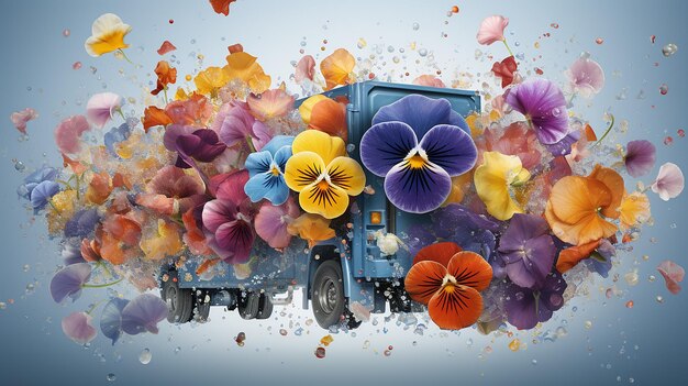 写真 色とりどりの手で花を描いたトラック