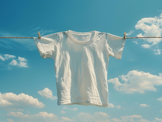 写真 青い空の背景に着物のローンに吊るされたtシャツ