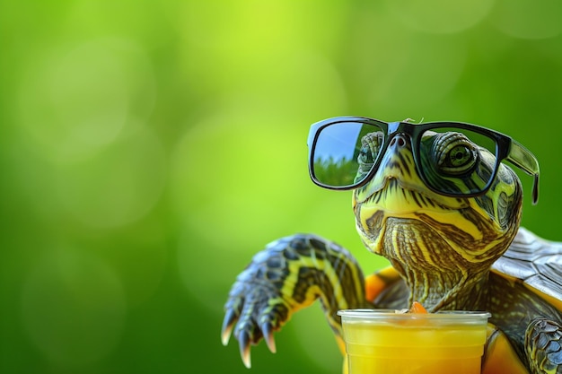 Фото Черепаха - наземное животное в солнцезащитных очках с чашей апельсинового сока