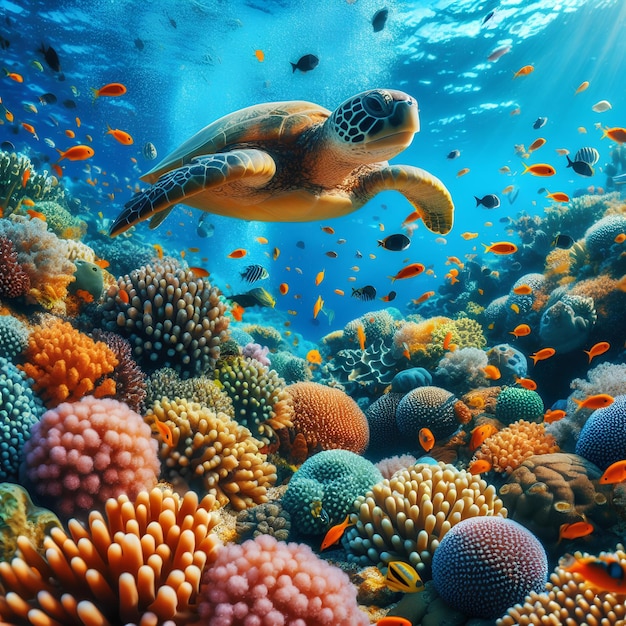 Фото Черепаха плавает над коралловым рифом