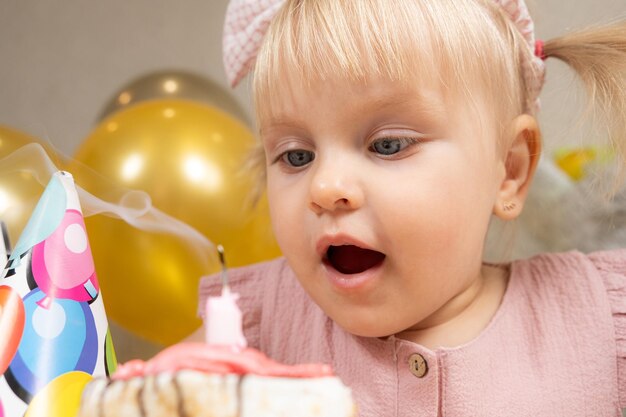 写真 誕生日ケーキのろうそくの火を吹き消す2歳の女の子が願い事をする