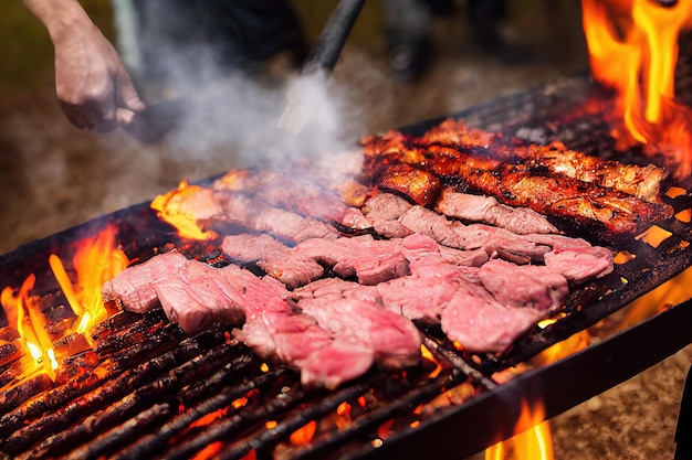 Фото Разнообразные куски мяса, приготовленные на гриле на открытом воздухе 3d иллюстрация