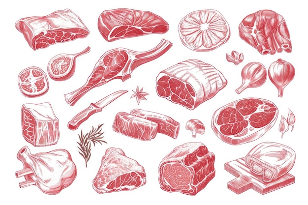 Фото Разнообразие различных видов мяса, отображаемых на чистом белом фоне идеально подходит для проектов, связанных с едой и кулинарными темами