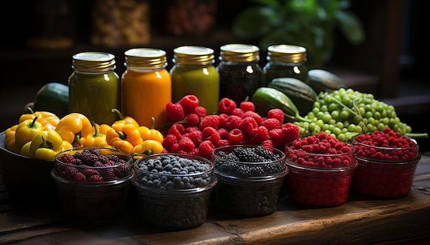 Фото Разнообразие свежих органических ягод на деревянном столе, созданном искусственным интеллектом