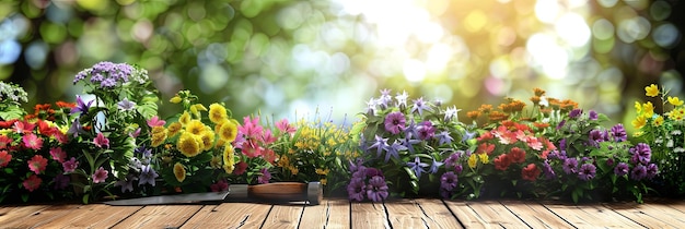 写真 鮮やかな花と庭の道具が木製のテーブルに並び自然の背景がぼやけています