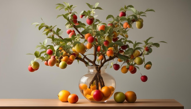 사진 a vase of fruit is on a table with a plant in it