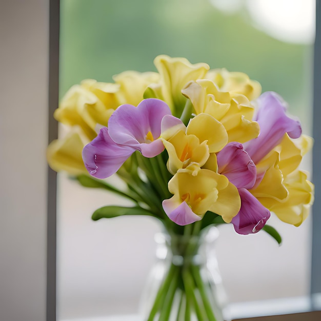 Фото Ваза из фиолетовых и желтых цветов с окном за ними