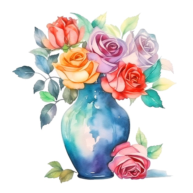 写真 葉と花のバラの花瓶