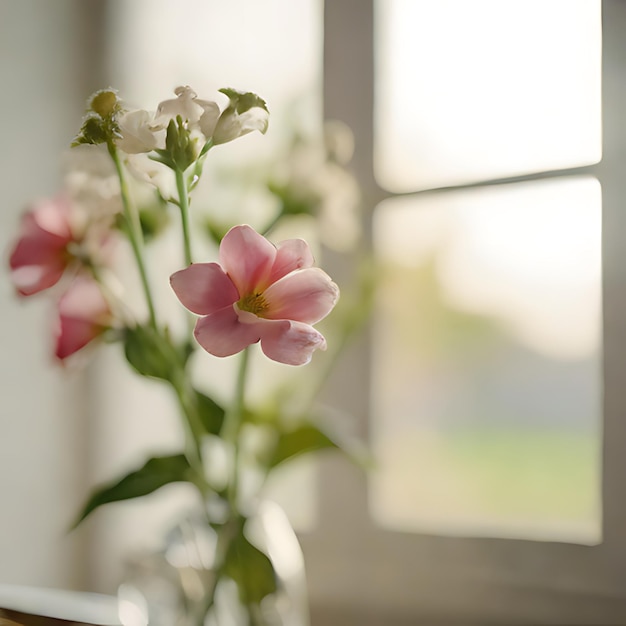 写真 窓の前にあるピンクの花の花瓶