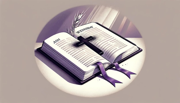 Фото Векторная иллюстрация открытой библии с фиолетовой лентой для пепельной среды