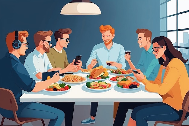 Фото a vector of a person enjoying a virtual lunch with coworkers