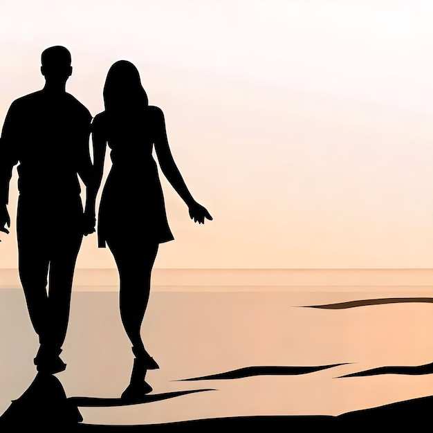 写真 a vector silhouette of a couple walking hand in hand on a beach