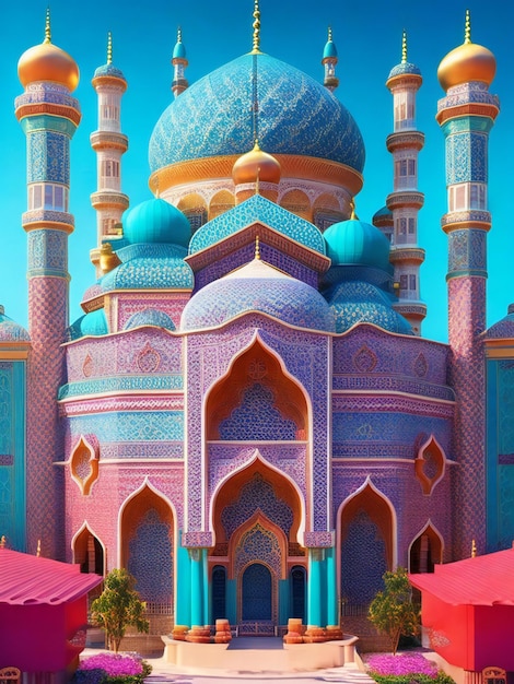 Фото Яркая трехмерная иллюстрация величественной мечети с большими воротами в центре