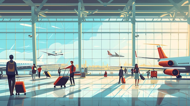 사진 활기찬 만화 스타일의 일러스트레이션, 활기찬 여행자들과 다채로운 비행기들로 가득 찬 바쁜 공항 터미널, 모두 큰 창문을 통해 볼 수 있습니다.