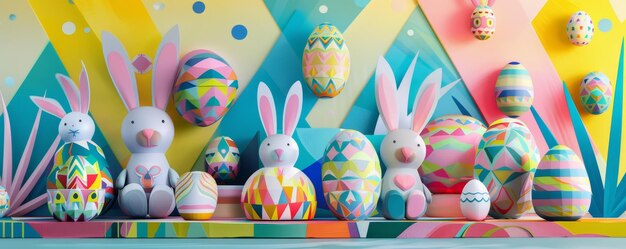 Фото Живое празднование пасхи геометрические формы объединяются, чтобы сформировать причудливую сцену кроликов