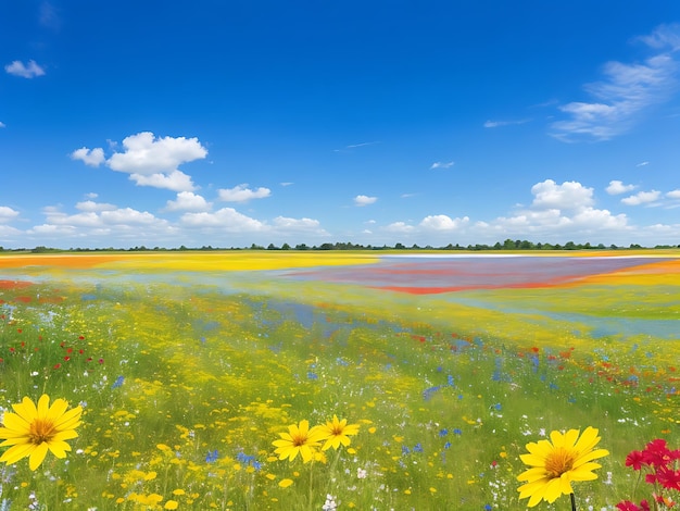 写真 澄んだ青空の下、鮮やかに咲き誇る野の花畑