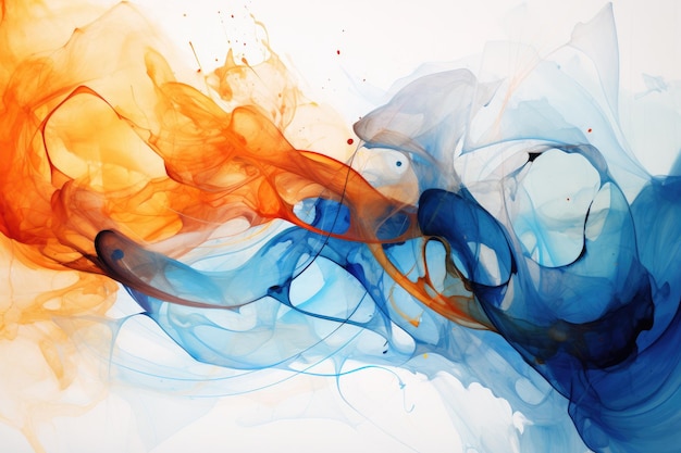 写真 きれいな白地に青とオレンジの煙が渦巻く鮮やかな絵画 オレンジと青の色の相互作用を抽象的に表現 ai 生成