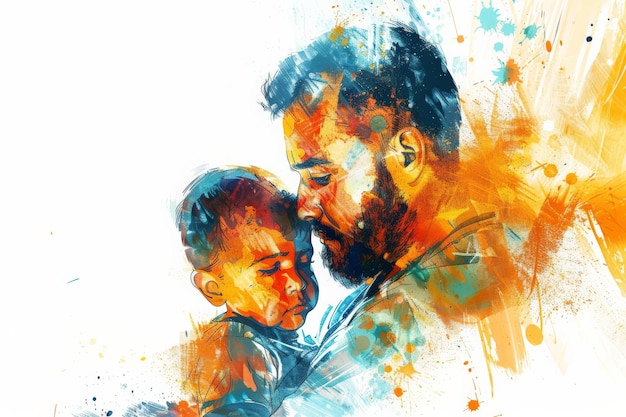 写真 鮮やかな色彩の爆発の中で,幼い子供と愛を込めて抱きしめる父親の活発な描写