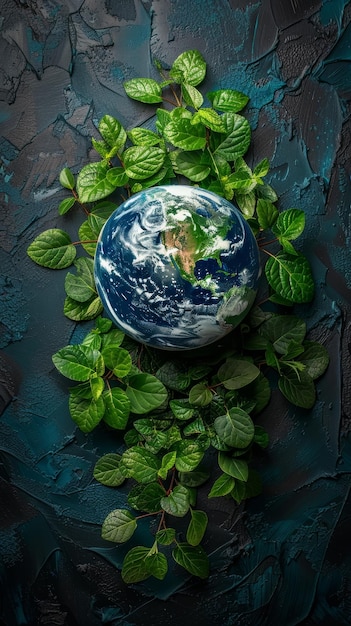 写真 緑の葉の茂った円に囲まれた地球の活気のある描写で 青い背景に描かれています