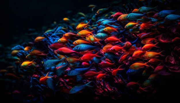 写真 ai によって生成されたサンゴ礁を泳ぐ色とりどりの魚の活気に満ちた群れ