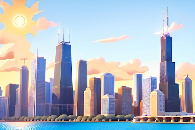 사진 상징적인 윌리스 타워가 중앙에 우뚝 서 있는 활기찬 햇살 가득한 시카고 스카이라인