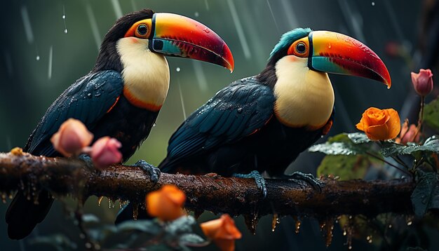 写真 人工知能によって生成された熱帯雨林の枝に座っている活気のあるトゥーカン