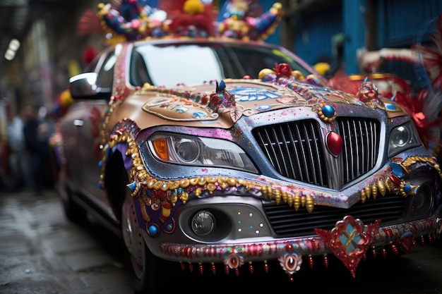 写真 活気のあるヴェネツィアのカーニバルをテーマにした車と浮遊車がクリエイティブな輝きとカラフルなカーニバル画像の展示で通りをパレードします