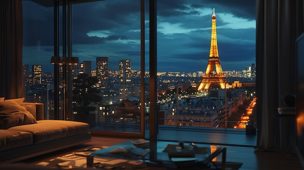 사진 배경 에 에펠 탑 이 있는 창문 에서 밤 에 도시 를 바라보는 모습