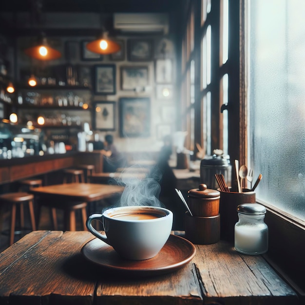 写真 カフェの古い木製のテーブルに熱いコーヒーカップの窓ガラスを通しての景色